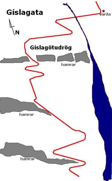Gíslagata - uppdráttur upp að vörðunni mikilkvægu Gíslagata